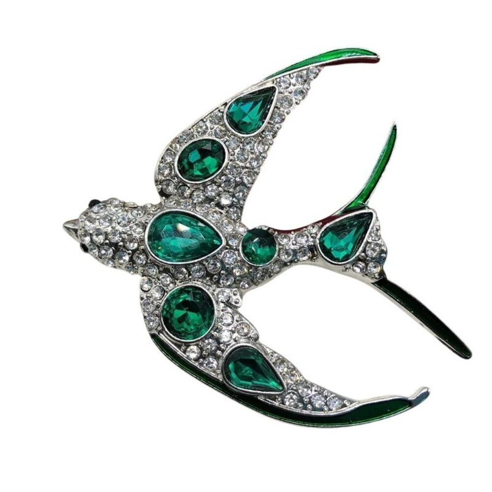 Green Clear Glass Rhinestone Silver Plated Bird Brooch Pin Vintage Style